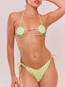 Musera Resort Summer Beach Solid Color Side Tie Lime Bikini Bottom Beach Resort Holiday - Multicolor - View 3