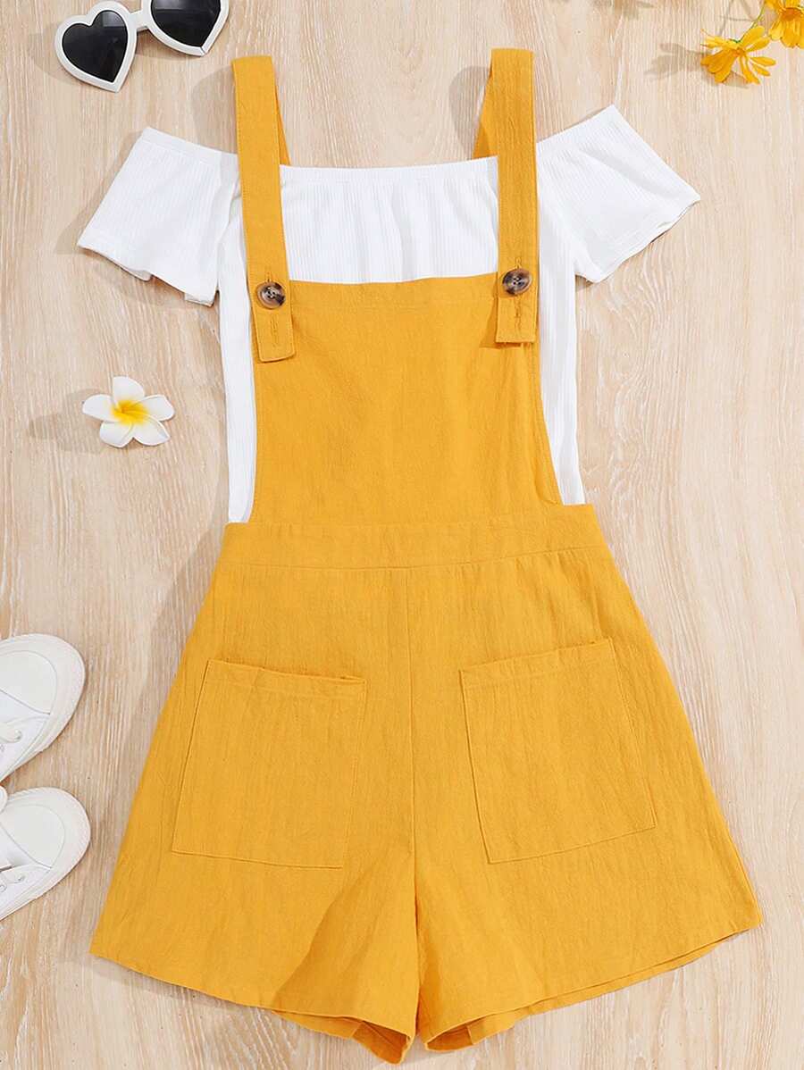 SHEIN Teen Girl White & Yellow Off Shoulder Tight Top & Suspender Jumpsuit Holiday Casual 2pcs Set - Yellow - View 1
