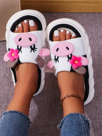 Fall/Winter Cute Linen Cow Slippers For Women, Couples, Anti-Slip Thick Bottom Indoor Slippers
