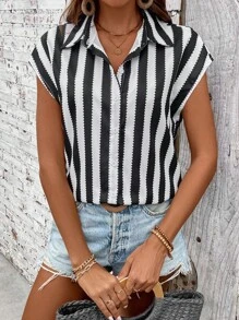 SHEIN LUNE Áo Sơ Mi Tay Cánh Dơi Sọc Màu Khối Màu Kỳ Nghỉ Thường Ngày Cho Nữ - Đen và trắng - Xem 1