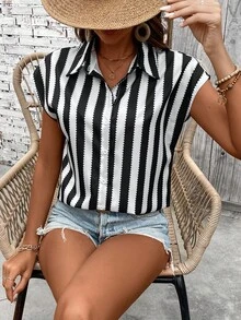 SHEIN LUNE Áo Sơ Mi Tay Cánh Dơi Sọc Màu Khối Màu Kỳ Nghỉ Thường Ngày Cho Nữ - Đen và trắng - Xem 6