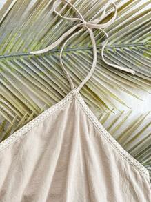 Soleia 夏季女士休闲沙滩露背吊带蝴蝶结花卉拼接荷叶边下摆宽松透气上衣，度假/毕业季 - 杏色 - 查看 4