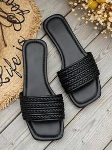 WRCVS Women's Summer Flat Sandals Solid Black Braided Strap Flat Slippers Sexy Party Beach Shoes With Square Toe For Travel,Holiday Essential - Multicolor - View 3