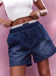 MISSGUIDED 同款刺绣印花平角腰牛仔短裤 - 藍色 - 查看 3