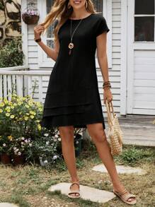 EMERY ROSE Women's Summer Multi-Hem Round Neck Short Sleeve Dress - Black - View 3