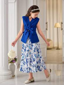 Tween Girl Elegant Spring/Summer Woven Solid Color Top With Ruffle Collar And Pleated Skirt Suit, Commuter Style - Blue - View 4