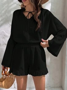 SHEIN Cottnline Women Blouses With Tassels & Shorts With Ruffles - Black - View 4