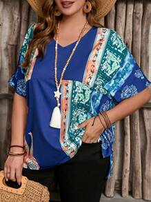 EMERY ROSE Plus Size Women's Loose Fit V-Neck Patchwork Printed Summer Shirt - Multicolor - View 1