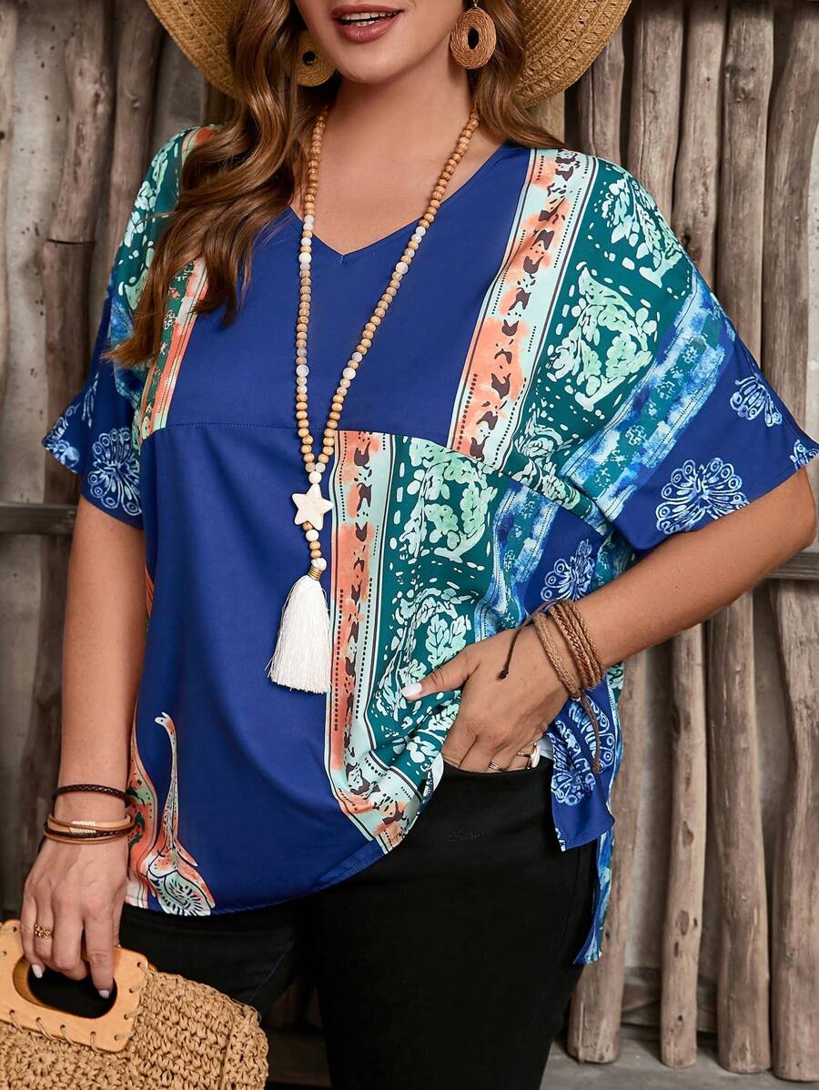 EMERY ROSE Plus Size Women's Loose Fit V-Neck Patchwork Printed Summer Shirt - Multicolor - View 1