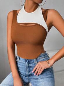 Calvaya Top de tanque sin espalda con tirantes de espagueti de bloque de color de moda para mujeres en verano