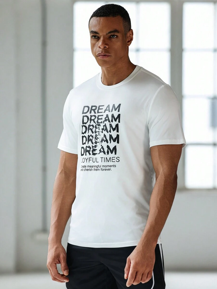 Manfinity Sport Corelite Boyfriend Style Men's Fashionable Simple Printed Loose Comfortable Short Sleeve Sports Top - White - View 1