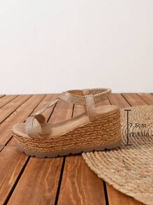 Women's Fashionable Weaved Elastic Band Slip-Resistant Holiday Style Summer Black High Heels Waterproof Platform Wedge Heels Thick Bottom Sandals For Outdoor Activities, Gold - Gold - View 3