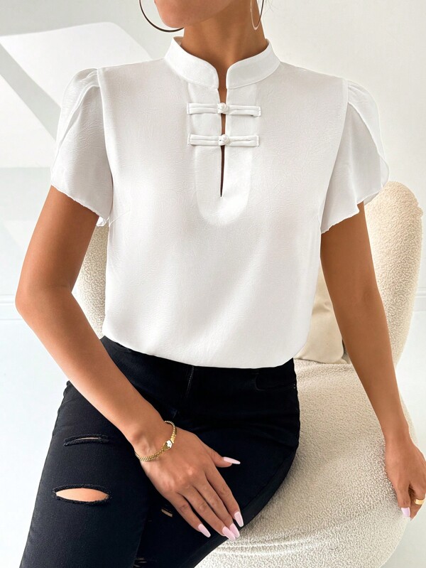 SHEIN Clasi Women's Chinese Style Button Floral Petal Sleeve Simple Summer Shirt For Holiday Party Clothes