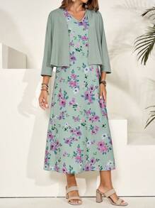 EMERY ROSE Teacher Clothes Spring Floral Dress Two-Piece Set For Women