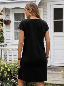 EMERY ROSE Women's Summer Multi-Hem Round Neck Short Sleeve Dress - Black - View 2
