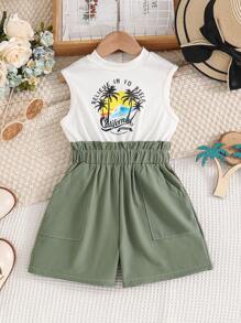 Young Girl Casual Knitted Ribbed Jumpsuit With Tropical Coconut Tree & Letter Print, Patchwork Contrast Color, Pockets & Bowknot Detail - White - View 1