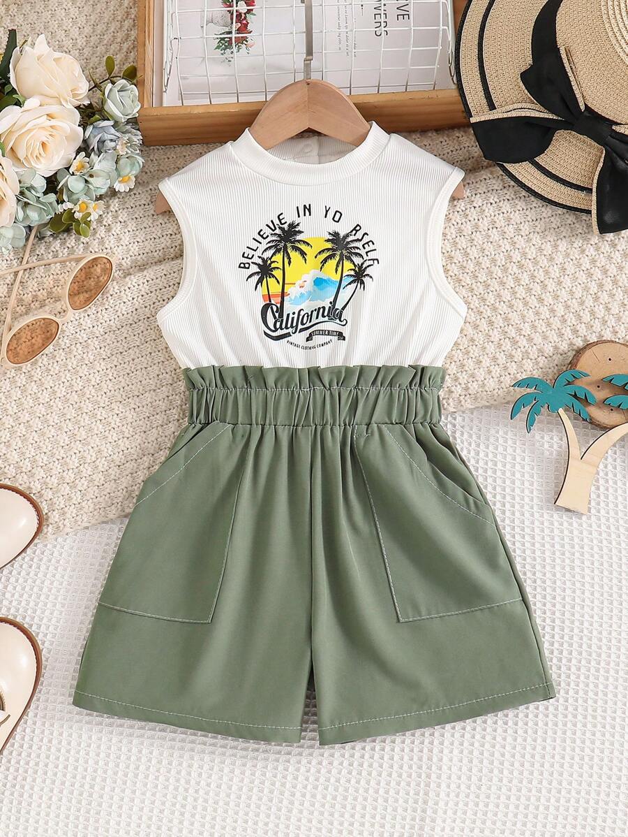 Young Girl Casual Knitted Ribbed Jumpsuit With Tropical Coconut Tree & Letter Print, Patchwork Contrast Color, Pockets & Bowknot Detail - White - View 1