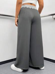 SHEIN EZwear Plus Size White Lace Foldover Belt Pockets Wide Leg Elegant Long Pants