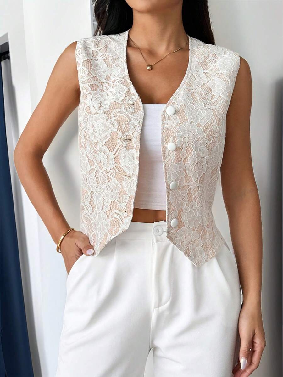 SHEIN Privé Áo khoác vest nữ có ren màu trắng