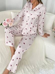 Women's Strawberry Allover Print Long Sleeve Pajama Set With Long Pants