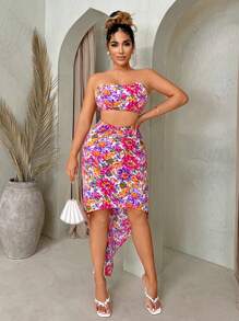 SHEIN SXY 夏季度假海滩花卉印花露肩上衣和不对称下摆裙子套装 - 藍色 - 查看 6