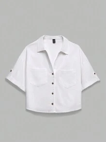 SHEIN EZwear 女士簡約白色編織短袖襯衫 - 白色 - 查看 4