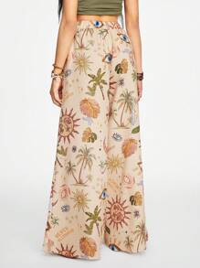 ROMWE Hippie Bohemian Holiday Moon, Stars & Sunflower Printed Casual Flared Pants