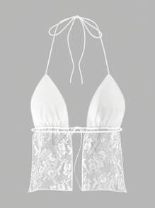 SHEIN ICON 女士夏季純色花邊露背騎腰領家居背心 - 白色 - 查看 9