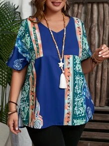 EMERY ROSE Plus Size Women's Loose Fit V-Neck Patchwork Printed Summer Shirt - Multicolor - View 6