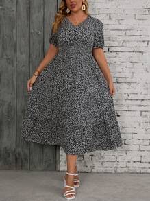 SHEIN VCAY Plus Size Summer Casual Short Sleeve Ditsy Floral Dress - Black and White - View 1