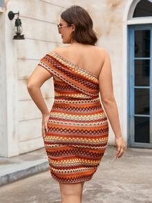SHEIN VCAY Plus Size Knitted Multicolor Retro Printed Off-Shoulder Women's Summer Vacation Dress - متعدد الألوان - مشاهدة 2