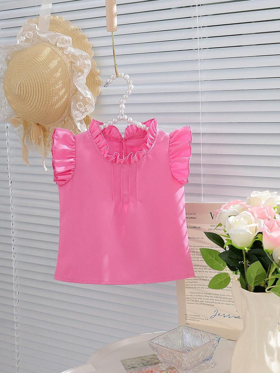 Canotta per bambina con maniche arricciate e collo a fiore solido di colore, adatto per esterni e uso quotidiano