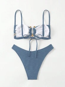 Vaytide Women's Summer Beach Solid Color Bikini Set With Metallic Decoration - Dusty Blue - View 4