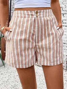 SHEIN LUNE Casual Women's Striped Button Pocket Shorts - Multicolor - View 5