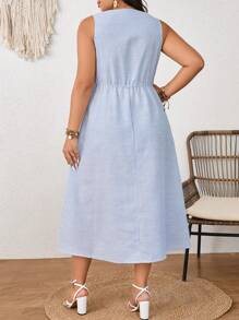 SHEIN Frenchy Women's Blue Striped V-Neck Tie Sleeveless Vest Dress, Striped Dresses, Blue Summer Dresses, Women's Dresses, Fitted Skinny Mid-Length Commuter Dresses Summer Women Dresses - Blue - View 6