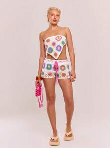 Musera Resort Crochet Knit Beach Vacation Cover Up Shorts Summer Beach Vacation Cute Sexy Festival Rave Swim Tutti Frutti Fall - Multicolor - View 3