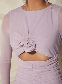 L'Amorae Fall Women Clothes, Pink Contrast Mesh 3d Flower Contrast Color Hollow Out Dress, Formal Dress - Lilac Purple - View 4