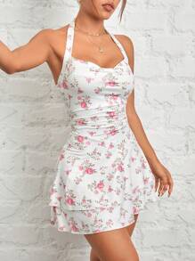 SHEIN PETITE Women's Floral Print Halterneck Dress - White - View 3