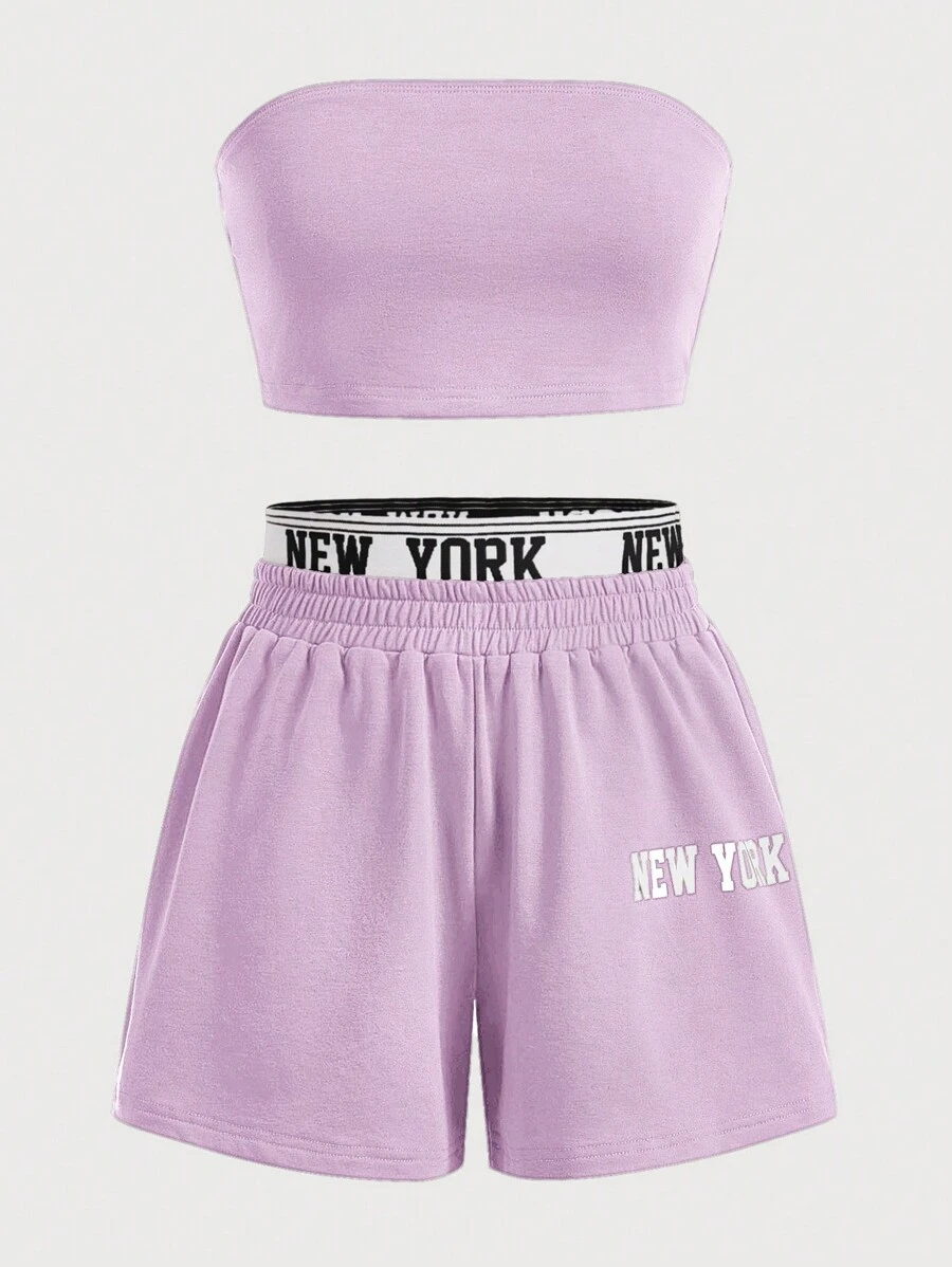 SHEIN EZwear Conjunto de top corto sin tirantes y pantalones cortos tejidos de unicolor para mujeres - Lila Púrpura - Ver 1