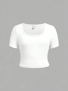 SHEIN Girlism Tween Girl 3pcs Knitted Solid Color Square Neck Casual Short Sleeve T-Shirt Set - Hot Pink - View 4