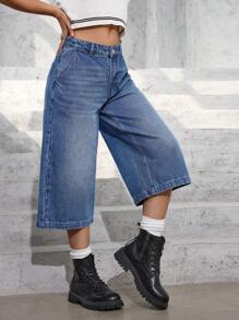 SHEIN EZwear Women's Loose Fit Wide Leg Denim Capris With Pockets - Medium Wash - View 1