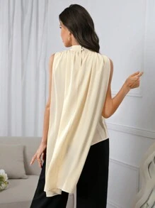 Modelyn Women's Summer Solid Color Sleeveless Loose Fit Shirt With Stand Collar, Asymmetric Hem - Mustard Yellow - View 3