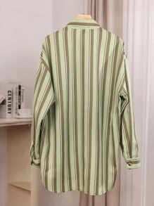 SHEIN Unity 女士時尚條紋寬鬆防曬襯衫，休閒風格 - 綠色 - 查看 2