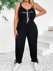 SHEIN CURVE+ Bộ áo liền quần đơn giản in họa tiết hàng ngày dành cho nữ có kích thước lớn - màu đen - Xem 6