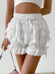 Rina Fox 女士純色蝴蝶結裝飾多層荷葉邊燈籠短褲 - 白色 - 查看 4