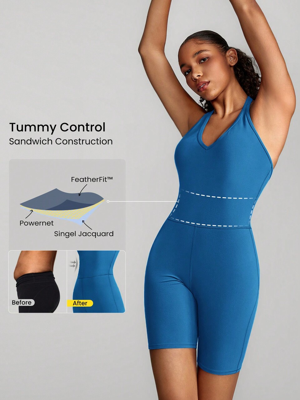 6" FeatherFit™ Halter Neck Romper Bodysuit Light Support Low Impact Yoga Pilates Studio Summer
