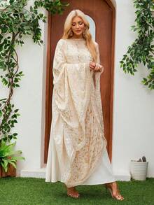 Conjunto Feminino de 2 Peças com Capa Bordada Floral, Kaftan Árabe Modesto de Manga Longa e Comprimento Máxi