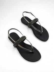 Sandalias elegantes para mujer con decoración de correa y pedrería, tela de lycra gris, cómodas y a la moda, diseño de punta abierta, correa de tobillo y diseño de corbata trasera, tacón plano - Gris - Ver 2