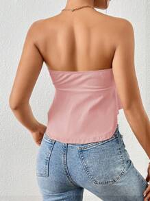 SHEIN PETITE Áo quây có viền bất đối xứng xếp li cho nữ, mùa hè - Hồng - Xem 2