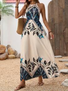 Breezaya Ladies' Sleeveless Backless Print Halterneck Dress For Summer Maxi Vacation Beach Outfits Women